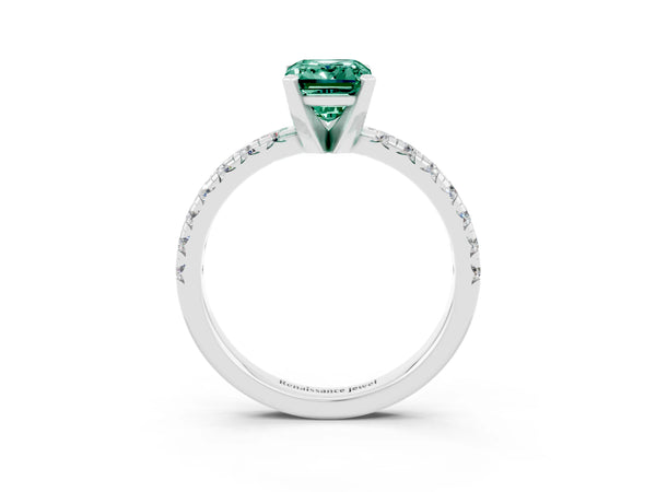 Platinum Emerald Cut Green Sapphire Solitaire Pavé Engagement Ring with Round Band and Prong Setting