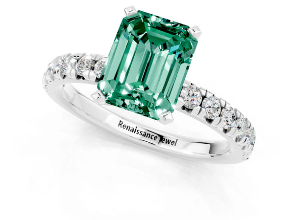 Platinum Emerald Cut Green Sapphire Solitaire Pavé Engagement Ring with Round Band and Prong Setting