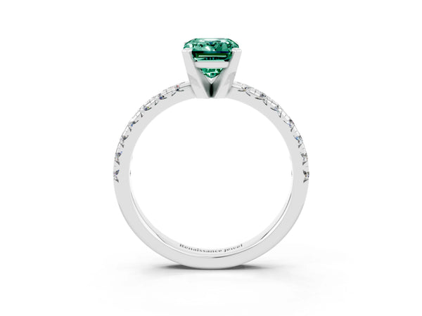 Silver Emerald Cut Green Sapphire Solitaire Pavé Engagement Ring with Round Band and Prong Setting