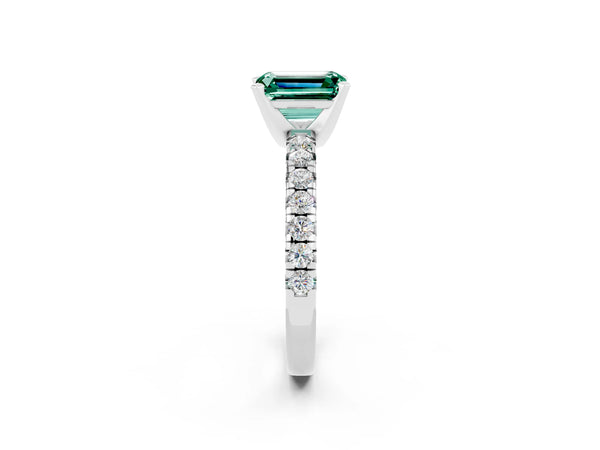 Platinum Emerald Cut Green Sapphire Solitaire Pavé Engagement Ring with Round Band and Prong Setting