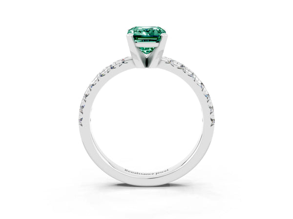 White gold Emerald Cut Green Sapphire Solitaire Pavé Engagement Ring with Round Band and Prong Setting