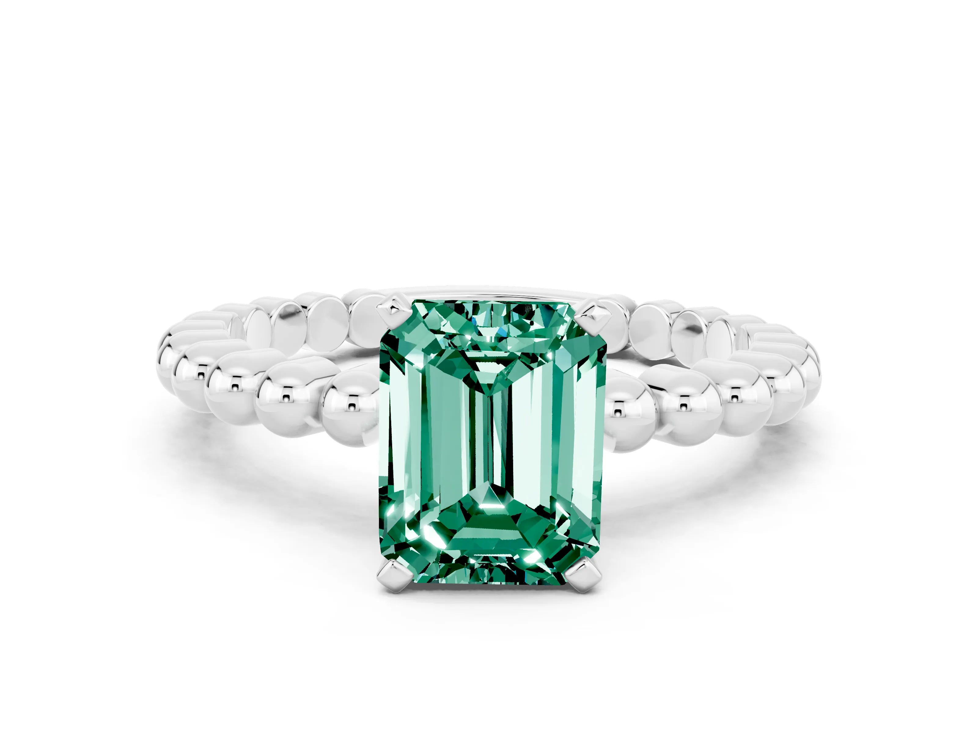 White gold Emerald Cut Green Sapphire Solitaire Ring with Beaded Band and Prong Setting
