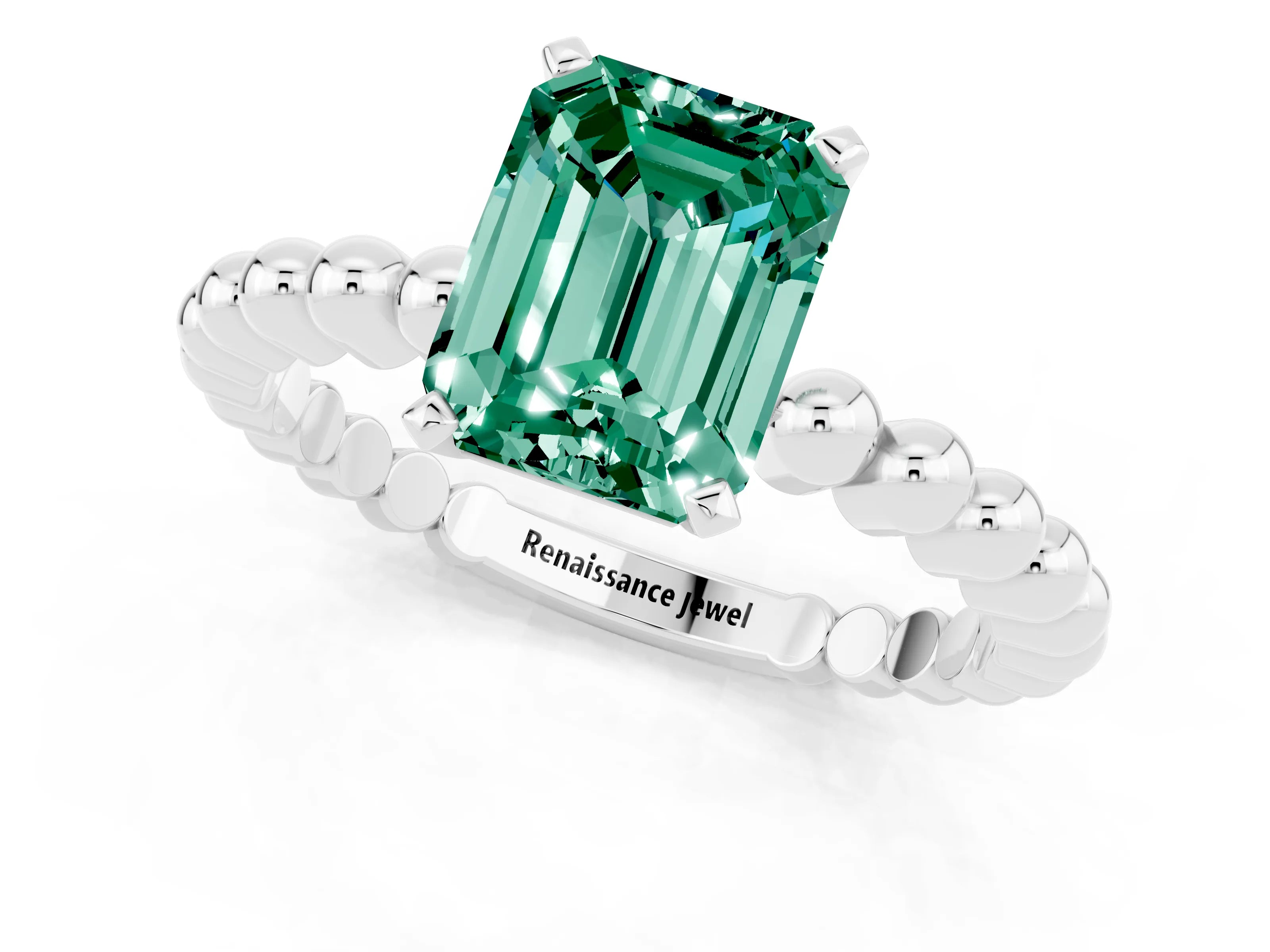 White gold Emerald Cut Green Sapphire Solitaire Ring with Beaded Band and Prong Setting_1