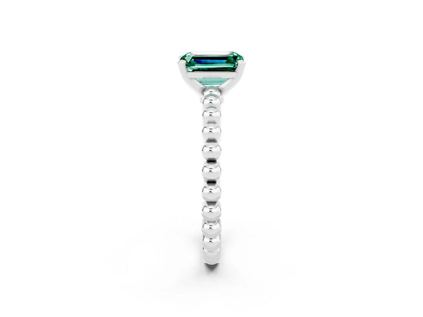 White gold Emerald Cut Green Sapphire Solitaire Ring with Beaded Band and Prong Setting
