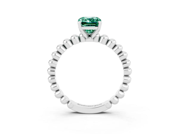 White gold Emerald Cut Green Sapphire Solitaire Ring with Beaded Band and Prong Setting