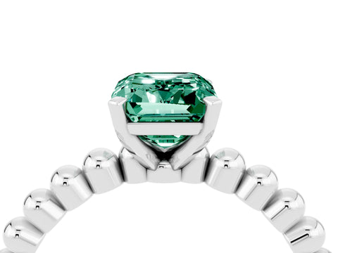 White gold Emerald Cut Green Sapphire Solitaire Ring with Beaded Band and Prong Setting_16
