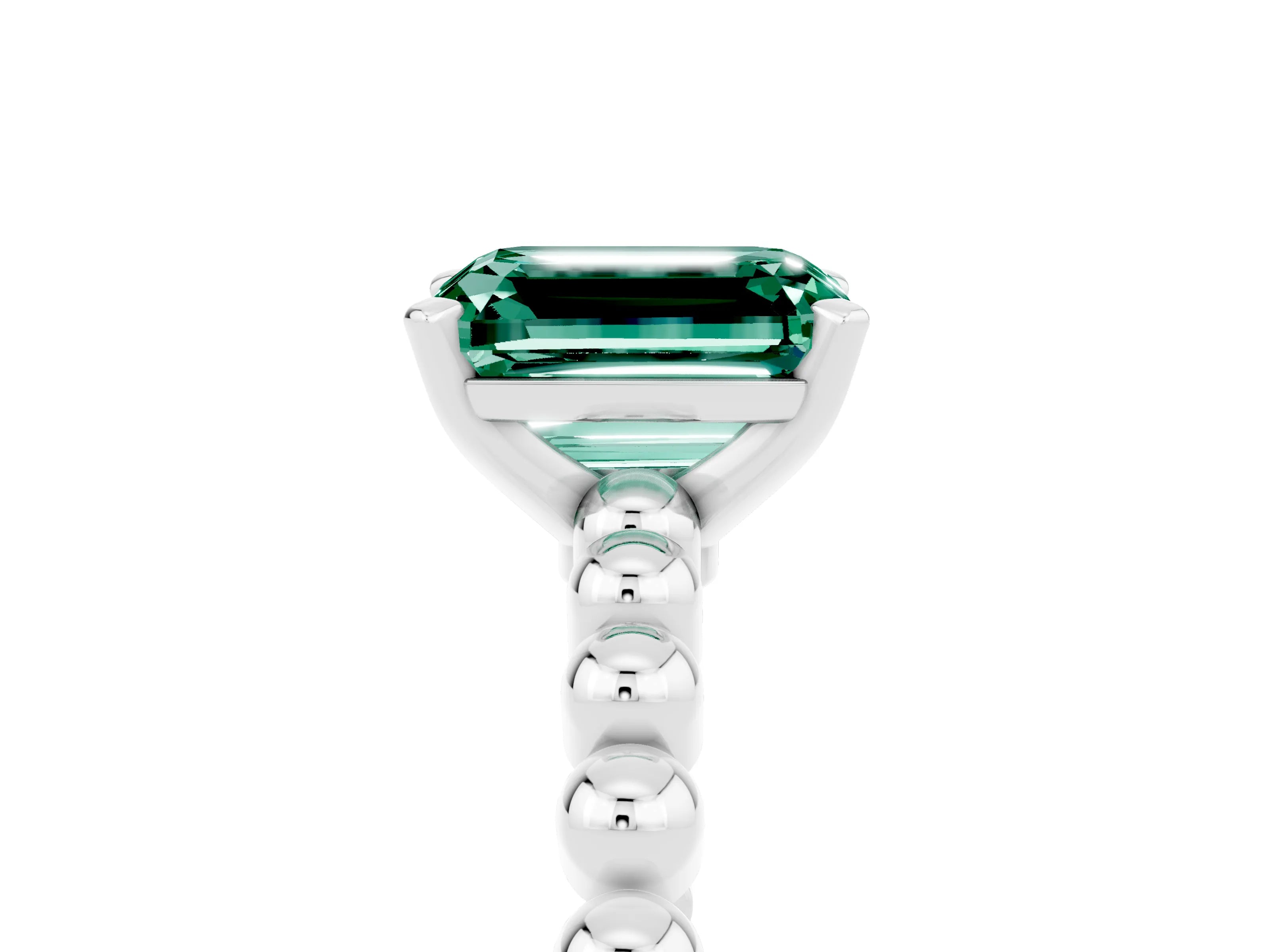 White gold Emerald Cut Green Sapphire Solitaire Ring with Beaded Band and Prong Setting_17