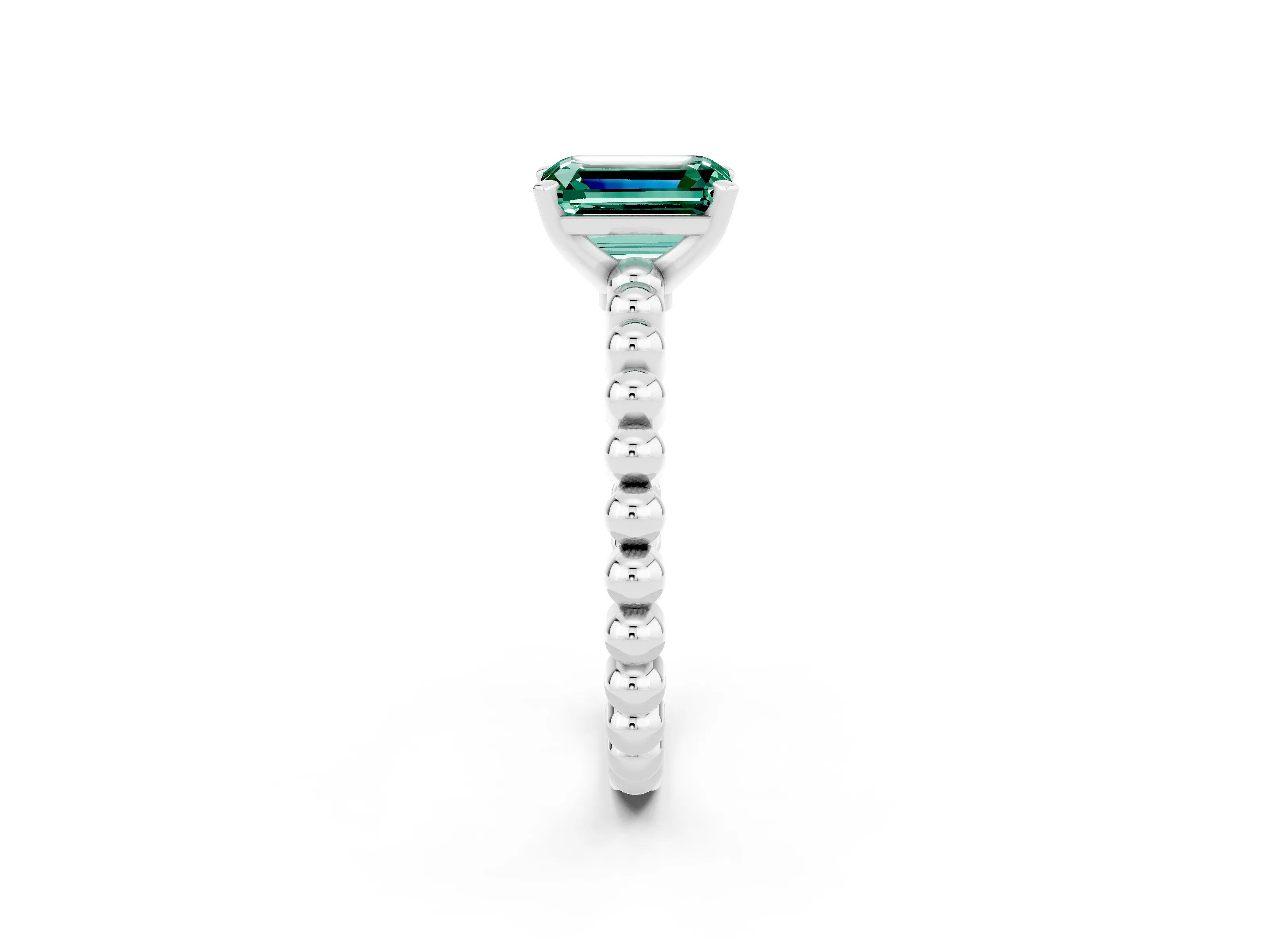 White gold Emerald Cut Green Sapphire Solitaire Ring with Beaded Band and Prong Setting_2