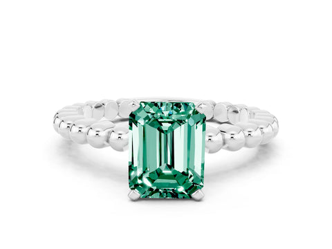 White gold Emerald Cut Green Sapphire Solitaire Ring with Beaded Band and Prong Setting