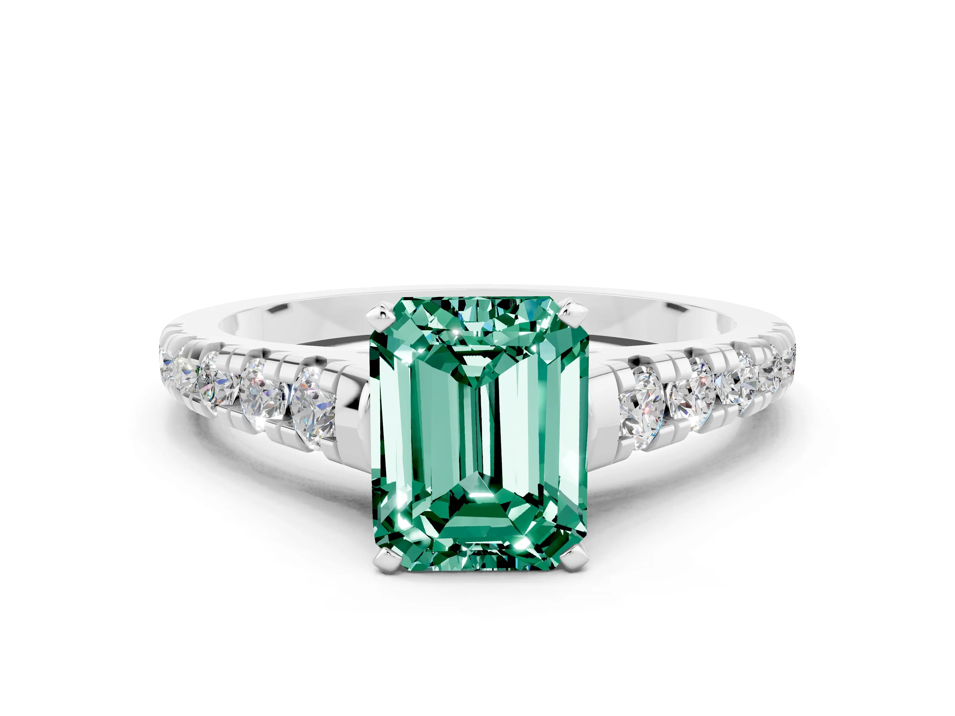 White gold Emerald Cut Green Sapphire Solitaire Ring with Cathedral Setting and Pavé Band