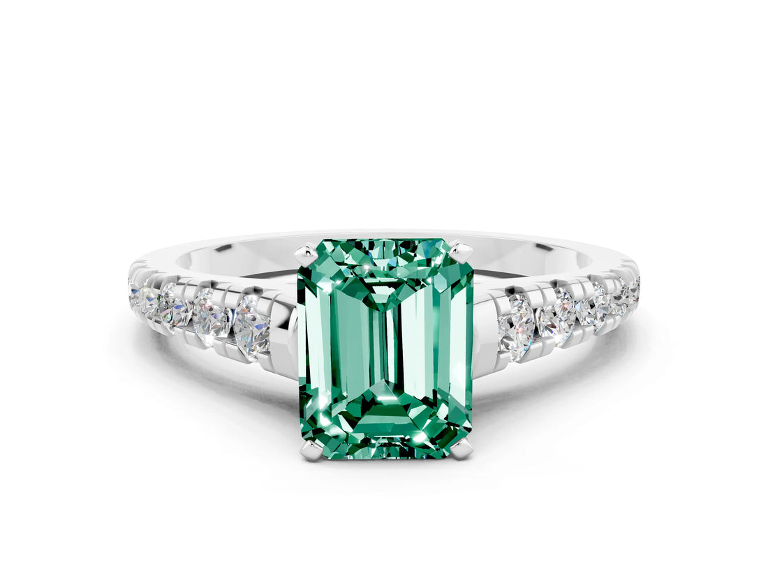 White gold Emerald Cut Green Sapphire Solitaire Ring with Cathedral Setting and Pavé Band