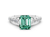 White gold Emerald Cut Green Sapphire Solitaire Ring with Cathedral Setting and Pavé Band