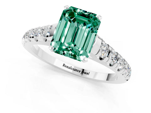 White gold Emerald Cut Green Sapphire Solitaire Ring with Cathedral Setting and Pavé Band_1