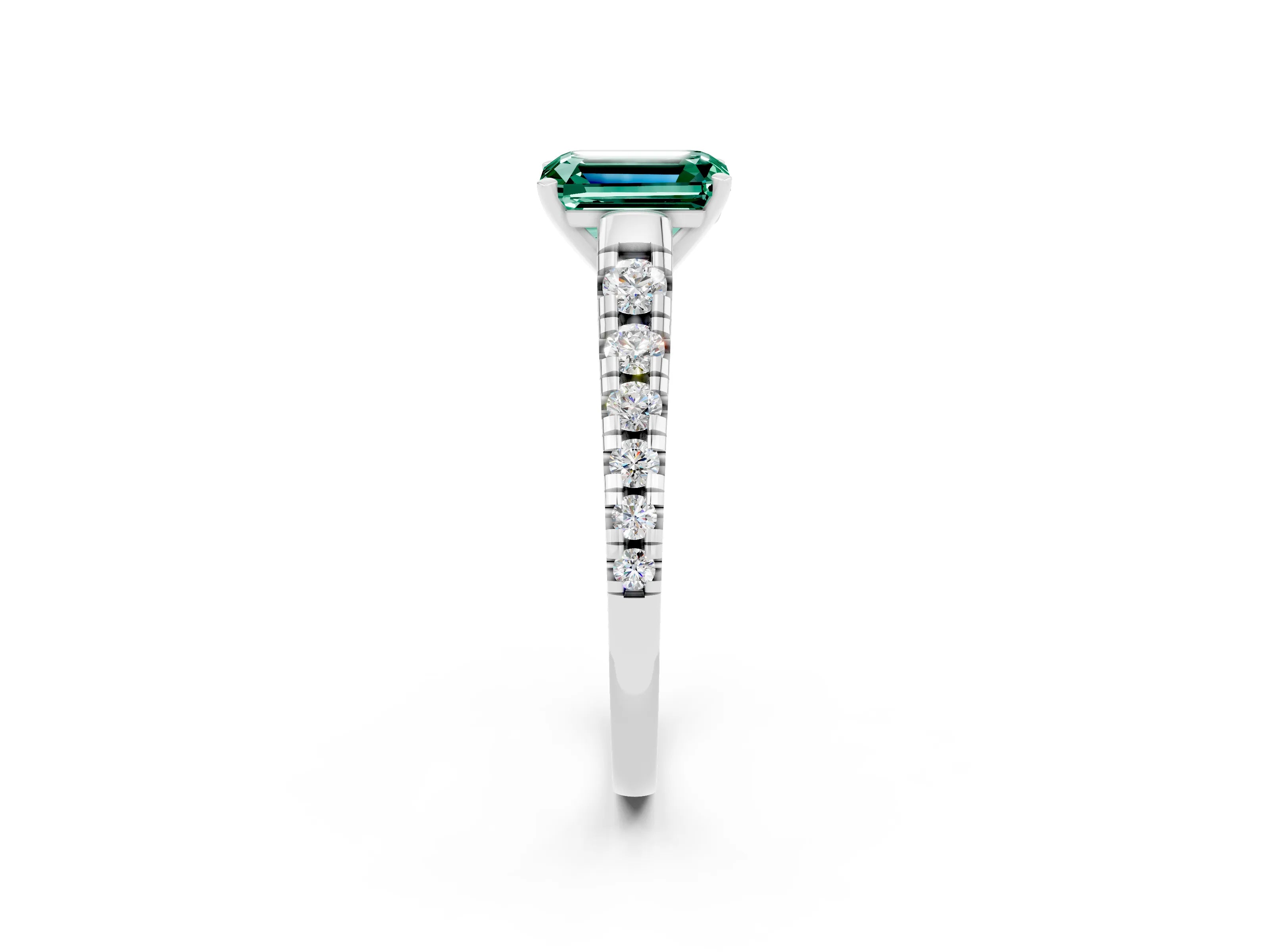 White gold Emerald Cut Green Sapphire Solitaire Ring with Cathedral Setting and Pavé Band_2