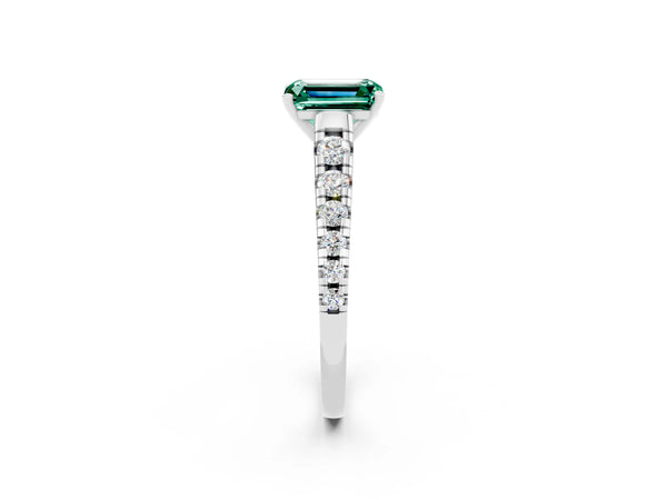 Platinum Emerald Cut Green Sapphire Cathedral Solitaire Ring with Round  Pavé Band