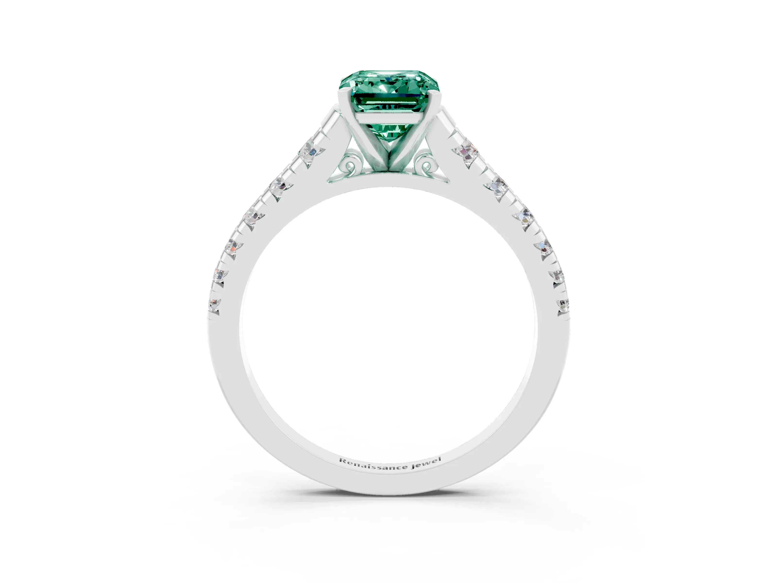 White gold Emerald Cut Green Sapphire Solitaire Ring with Cathedral Setting and Pavé Band_3