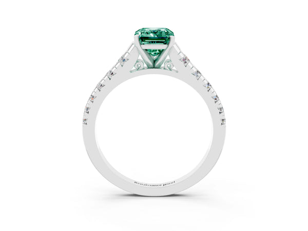 Platinum Emerald Cut Green Sapphire Cathedral Solitaire Ring with Round  Pavé Band