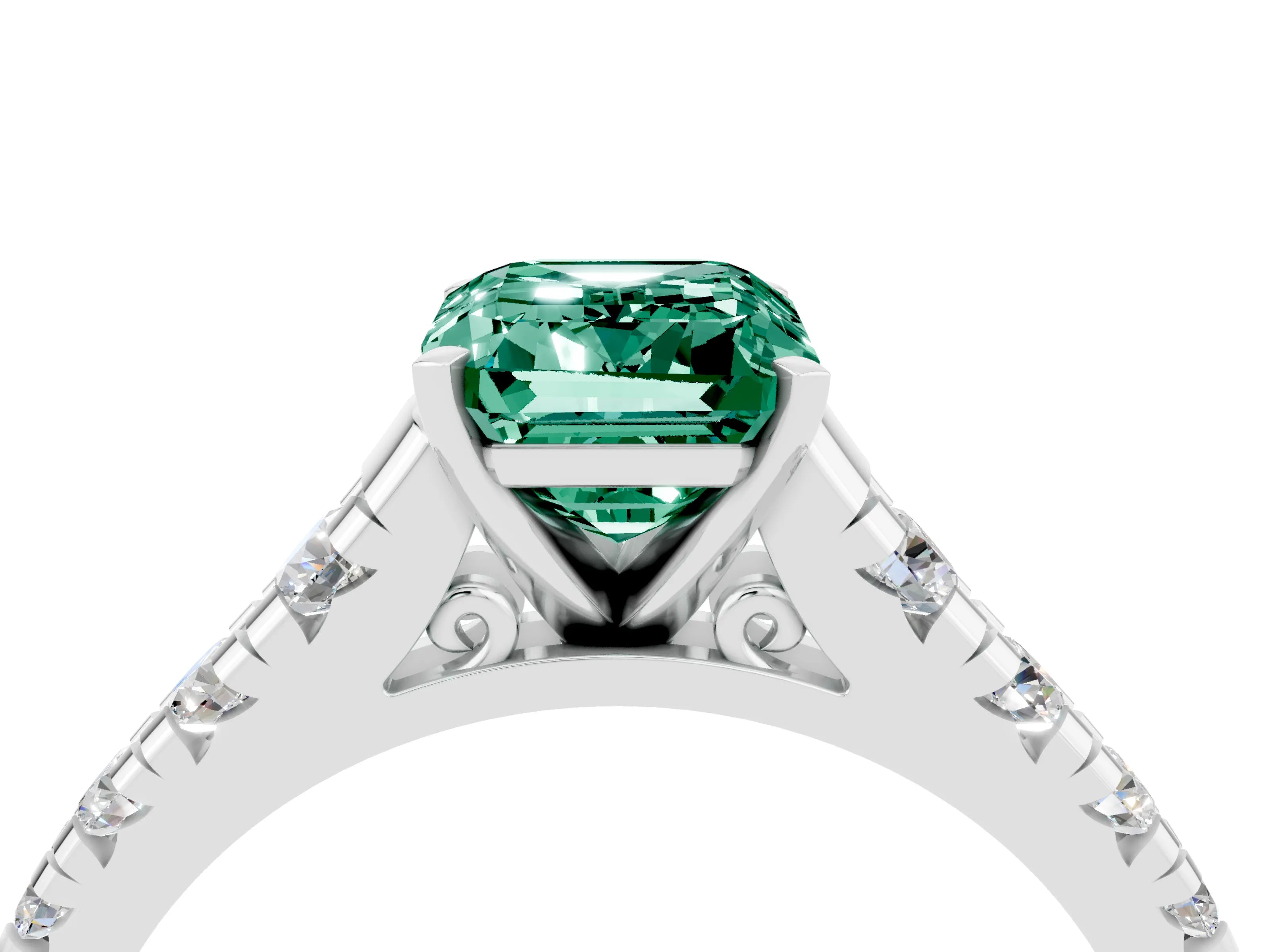 White gold Emerald Cut Green Sapphire Solitaire Ring with Cathedral Setting and Pavé Band_4