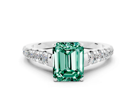 White gold Emerald Cut Green Sapphire Solitaire Ring with Cathedral Setting and Pavé Band