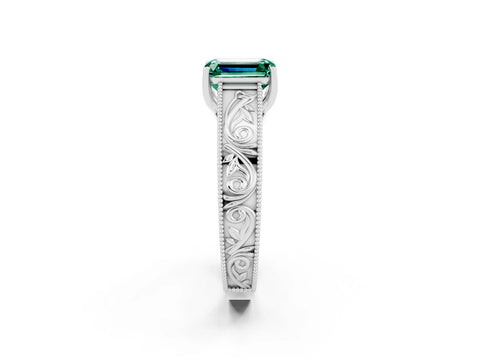 White gold Emerald Cut Green Sapphire Solitaire Ring with Engraved Band and Four-Prong Setting_2