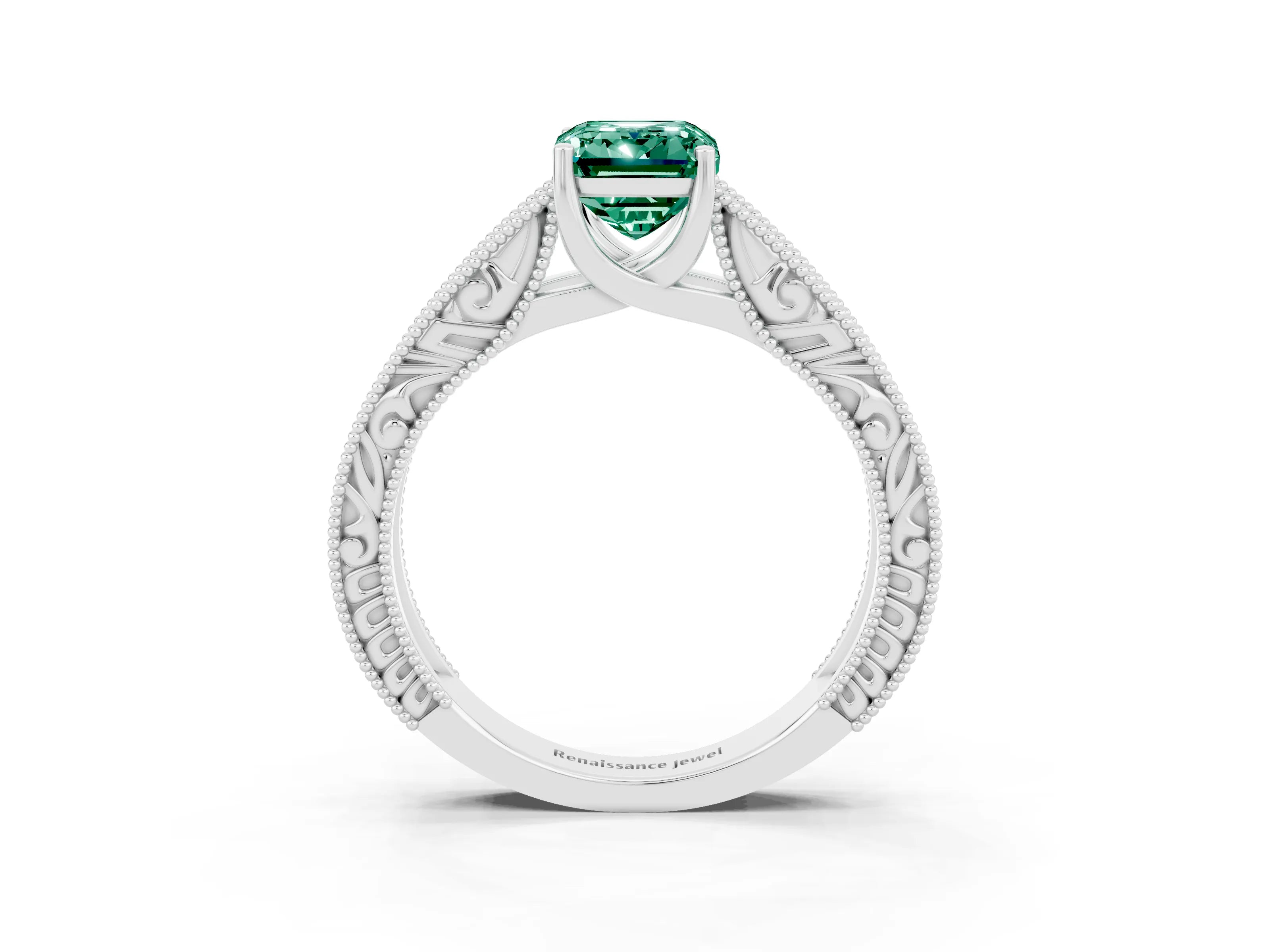 White gold Emerald Cut Green Sapphire Solitaire Ring with Engraved Band and Four-Prong Setting_3