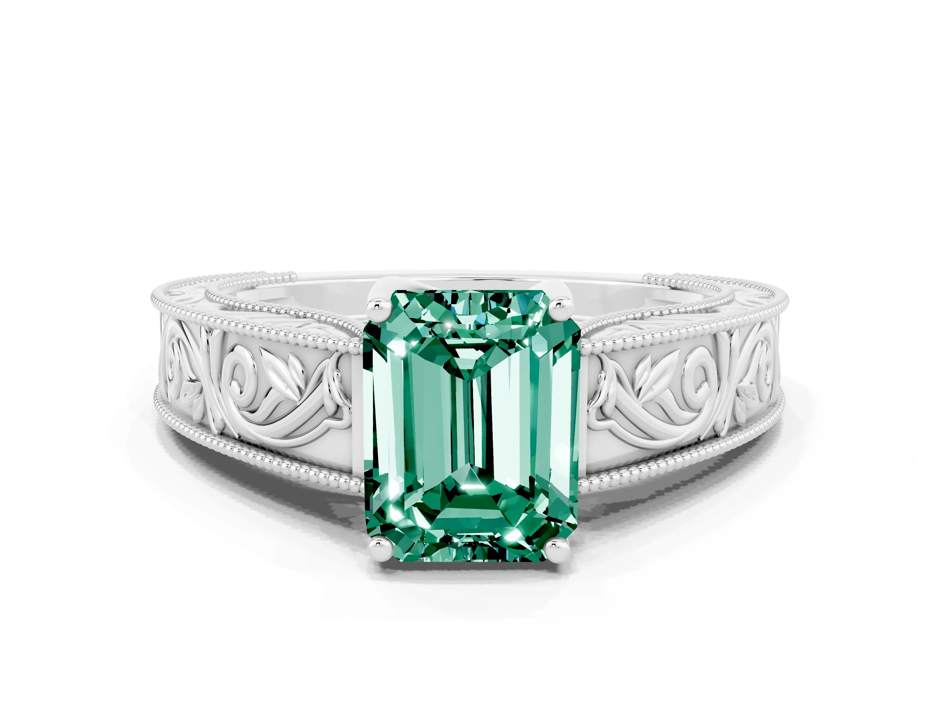 White gold Emerald Cut Green Sapphire Solitaire Ring with Engraved Band and Four-Prong Setting