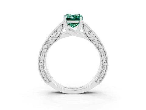White gold Emerald Cut Green Sapphire Solitaire Ring with Engraved Band and Four-Prong Setting_3