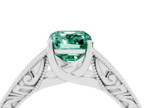 White gold Emerald Cut Green Sapphire Solitaire Ring with Engraved Band and Four-Prong Setting_4