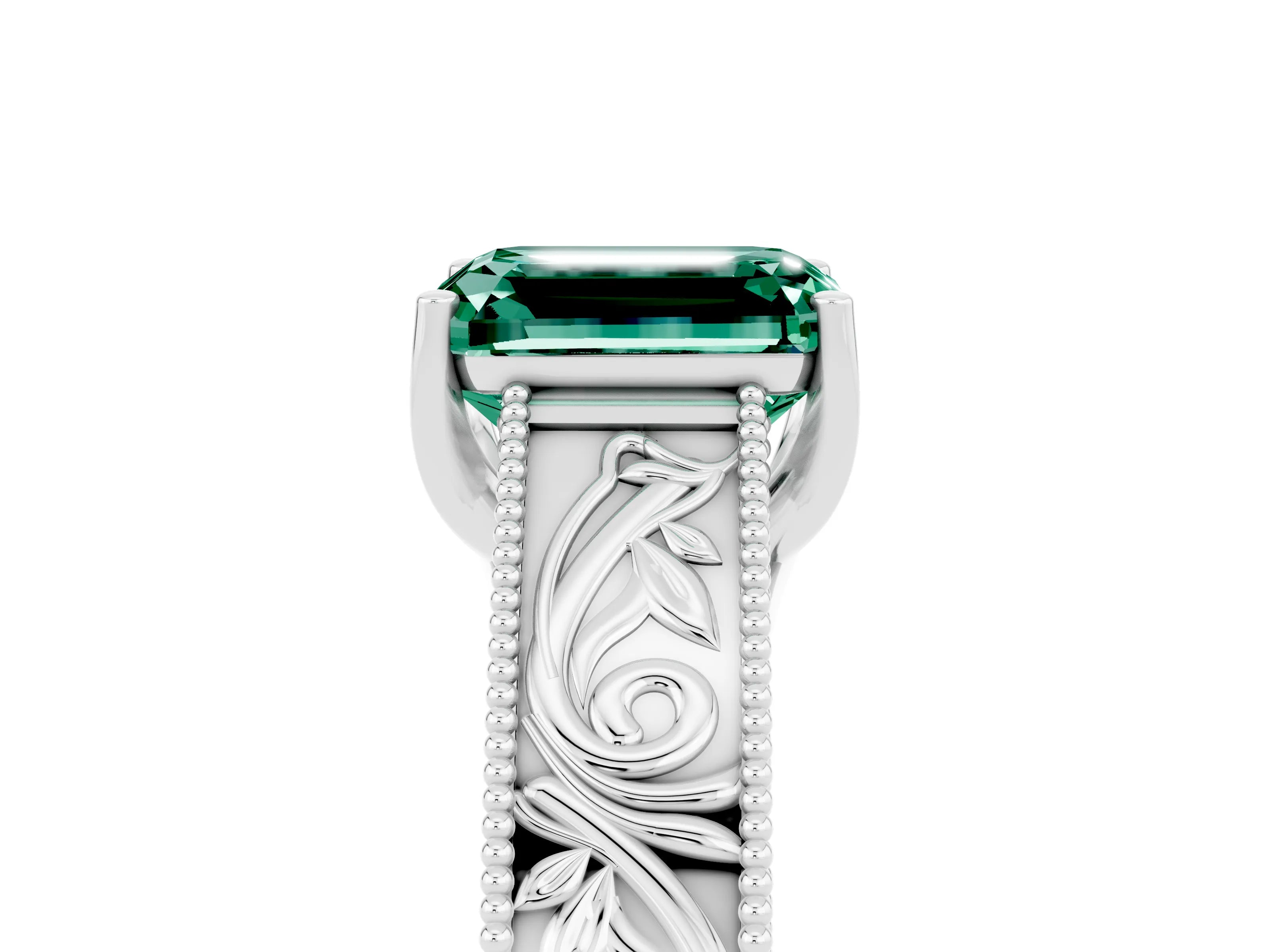 White gold Emerald Cut Green Sapphire Solitaire Ring with Engraved Band and Four-Prong Setting_5