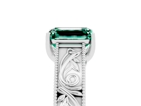 White gold Emerald Cut Green Sapphire Solitaire Ring with Engraved Band and Four-Prong Setting_5