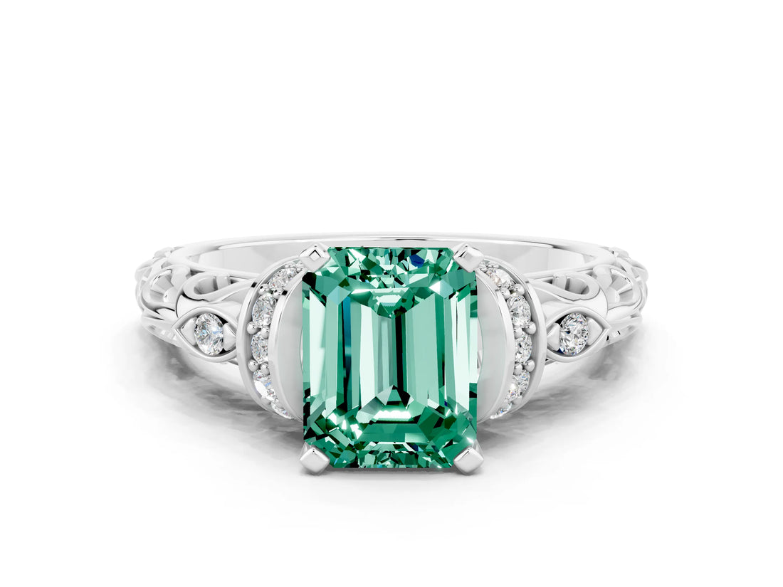 White gold Emerald Cut Green Sapphire Solitaire Ring with Filigree Band and Four-Prong Setting_24