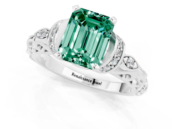 Platinum Emerald Cut Green Sapphire Solitaire Ring with Filigree Band and Four-Prong Setting