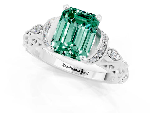 White gold Emerald Cut Green Sapphire Solitaire Ring with Filigree Band and Four-Prong Setting_25