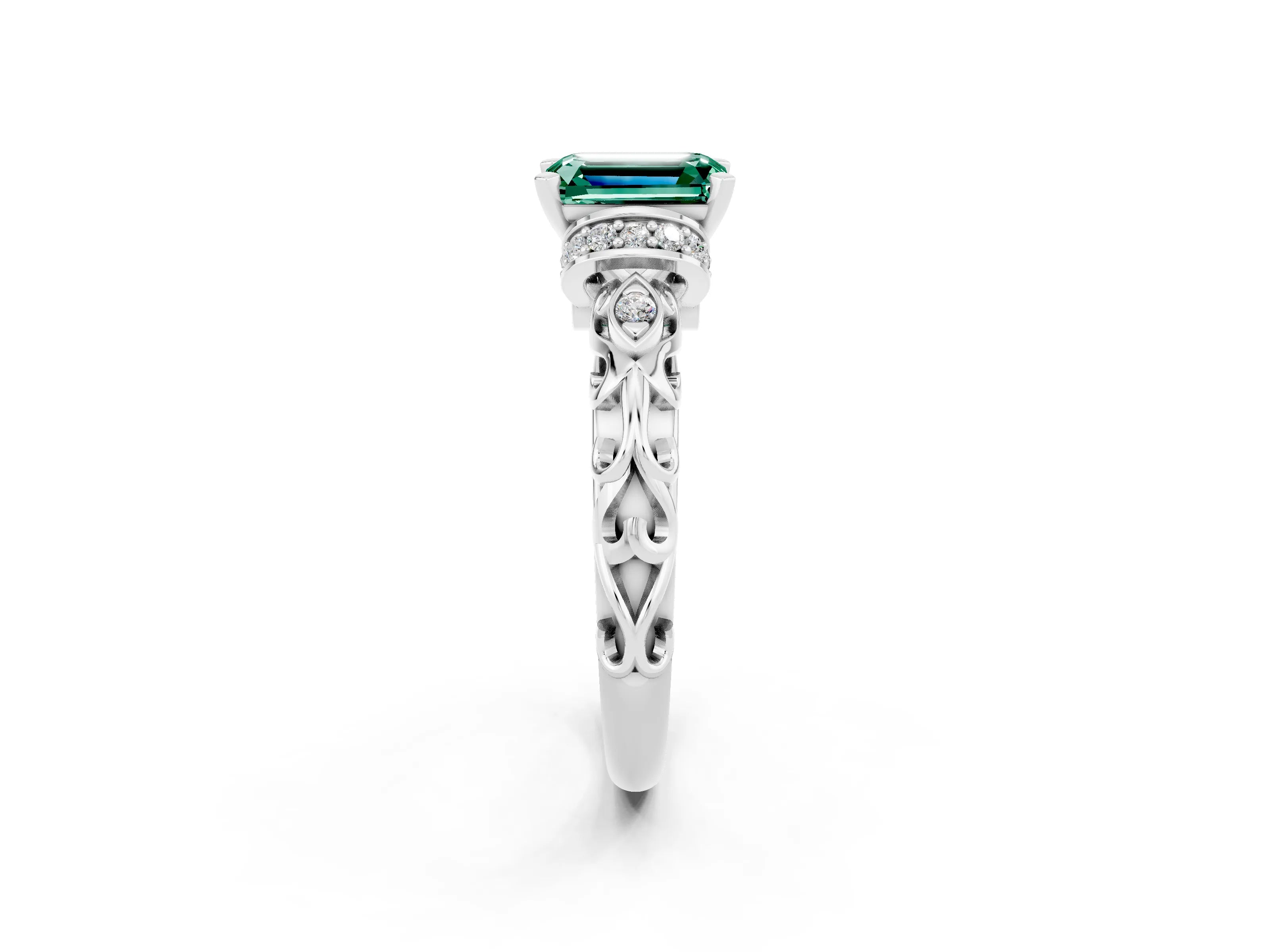 White gold Emerald Cut Green Sapphire Solitaire Ring with Filigree Band and Four-Prong Setting_26