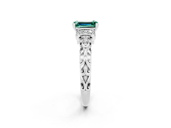 White gold Emerald Cut Green Sapphire Solitaire Ring with Filigree Band and Four-Prong Setting