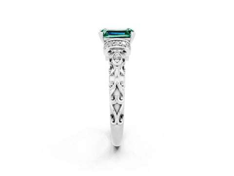 White gold Emerald Cut Green Sapphire Solitaire Ring with Filigree Band and Four-Prong Setting_26