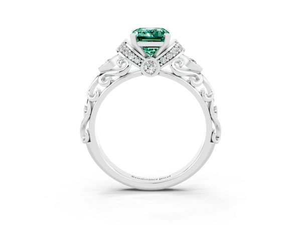 White gold Emerald Cut Green Sapphire Solitaire Ring with Filigree Band and Four-Prong Setting