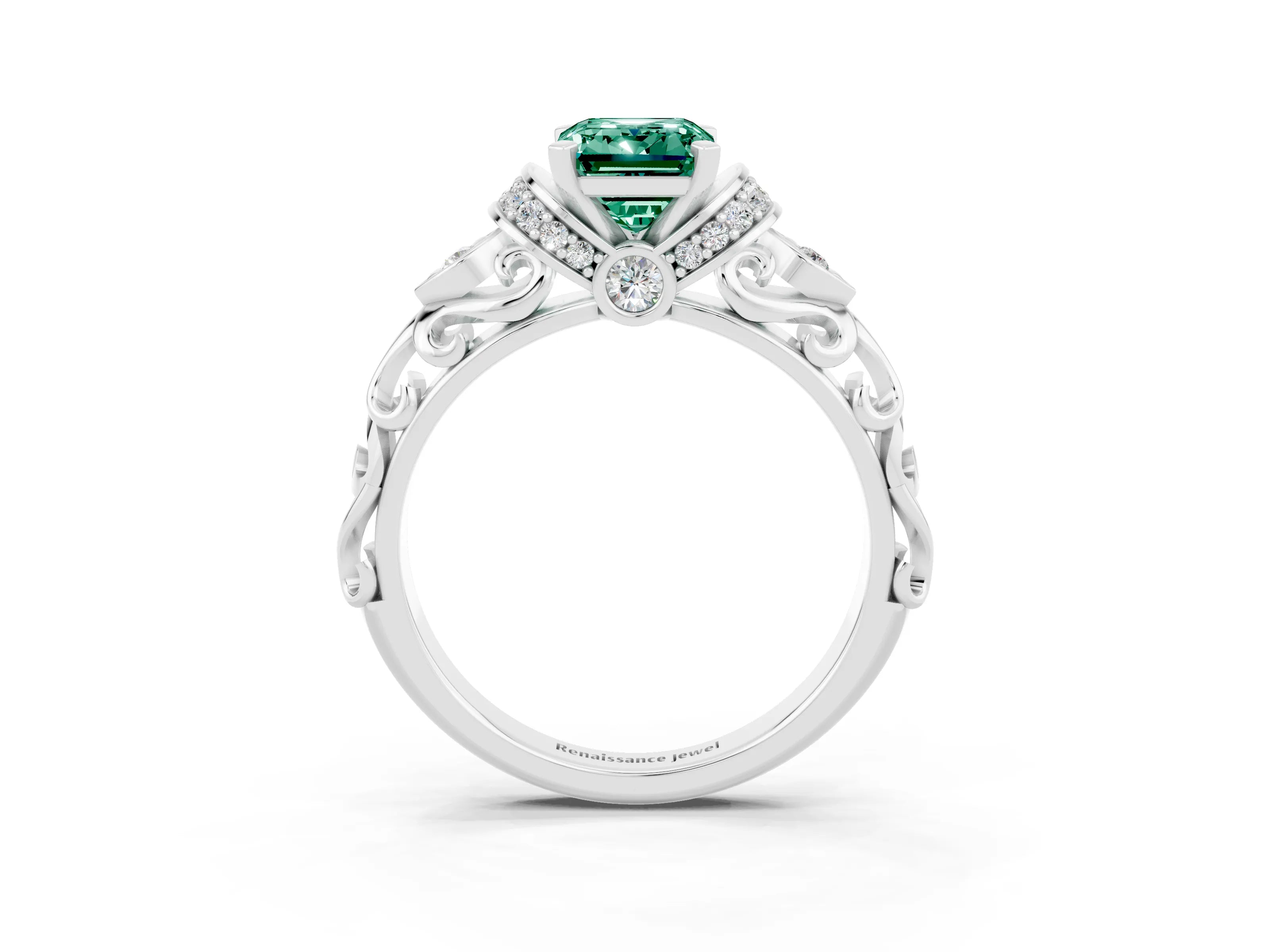 White gold Emerald Cut Green Sapphire Solitaire Ring with Filigree Band and Four-Prong Setting_27