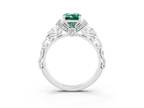 White gold Emerald Cut Green Sapphire Solitaire Ring with Filigree Band and Four-Prong Setting_27