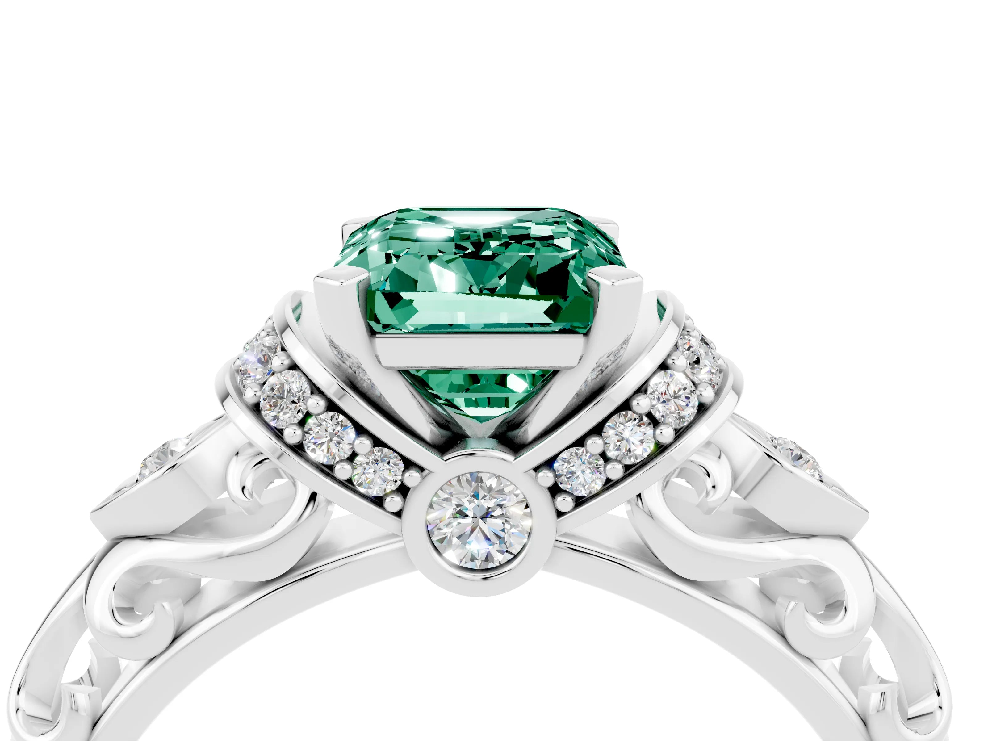 White gold Emerald Cut Green Sapphire Solitaire Ring with Filigree Band and Four-Prong Setting_28