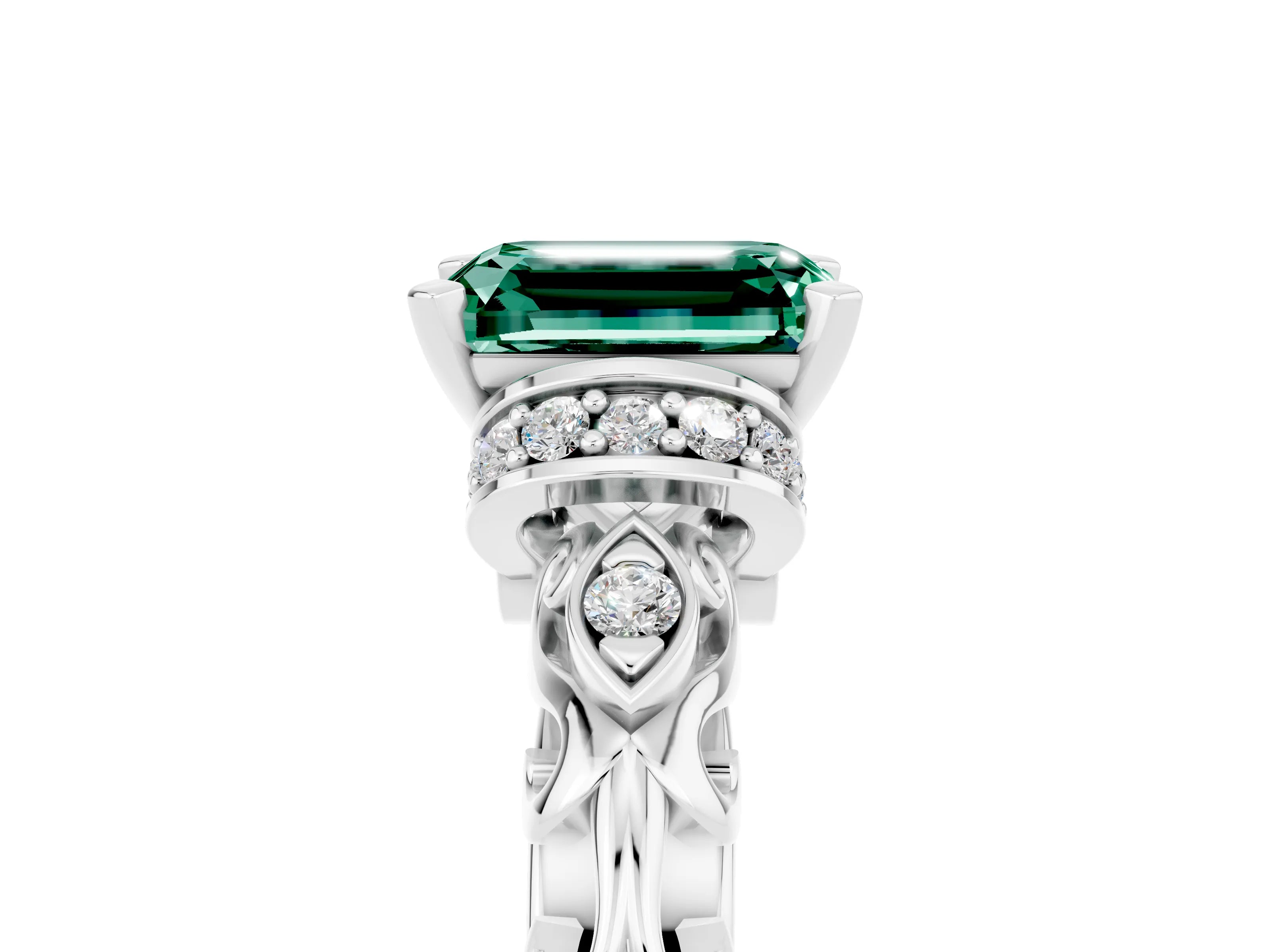 White gold Emerald Cut Green Sapphire Solitaire Ring with Filigree Band and Four-Prong Setting_29