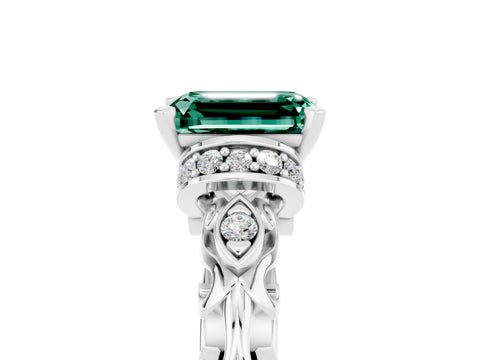 White gold Emerald Cut Green Sapphire Solitaire Ring with Filigree Band and Four-Prong Setting_29