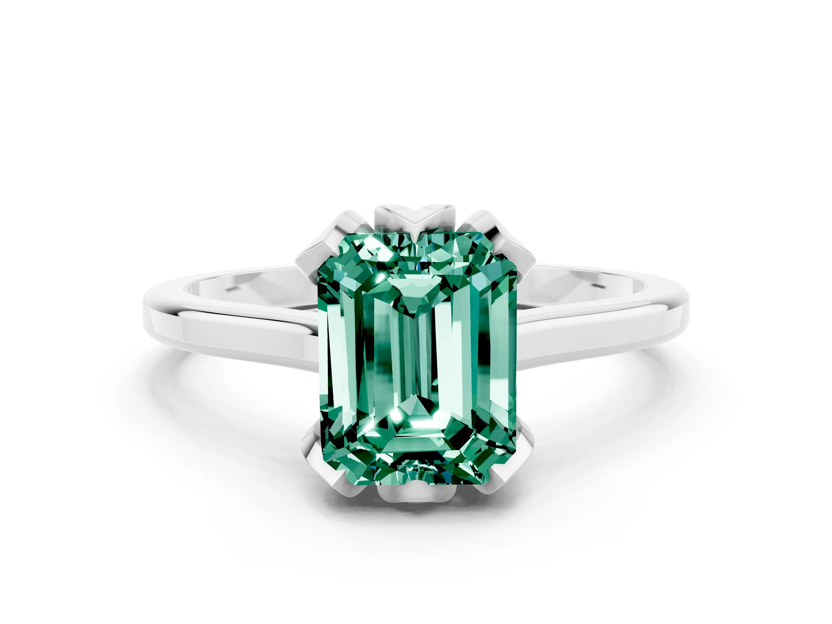 White gold Emerald Cut Green Sapphire Solitaire Ring with Flower Prong Setting and Classic Band_12