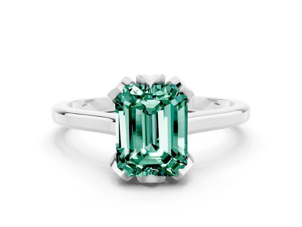Platinum Emerald Cut Green Sapphire Solitaire Ring with Flower Prong Setting and Classic Band