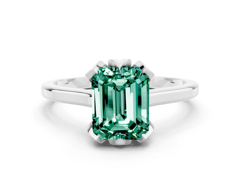 White gold Emerald Cut Green Sapphire Solitaire Ring with Flower Prong Setting and Classic Band_12