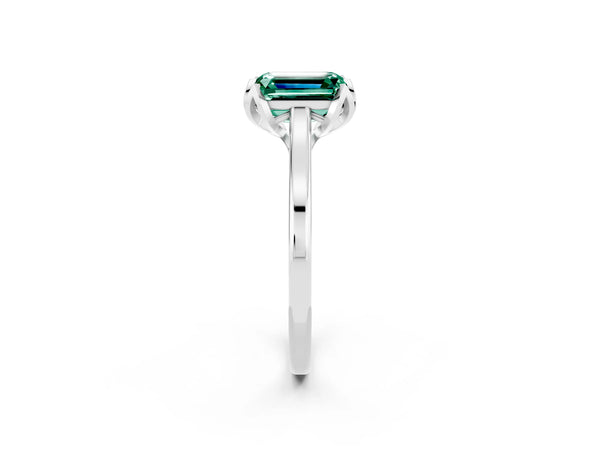 Silver Emerald Cut Green Sapphire Solitaire Ring with Flower Prong Setting and Classic Band