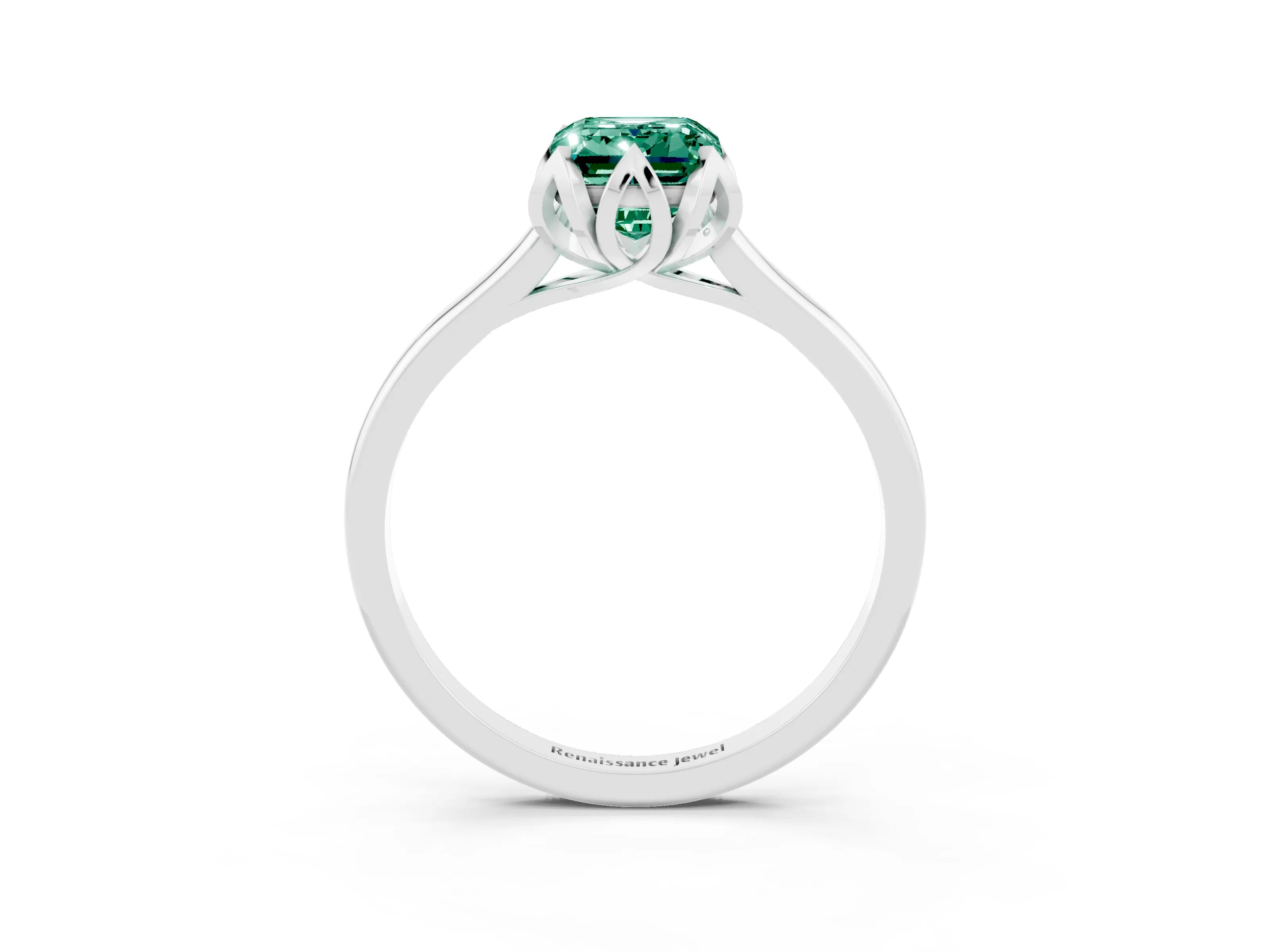 White gold Emerald Cut Green Sapphire Solitaire Ring with Flower Prong Setting and Classic Band_15