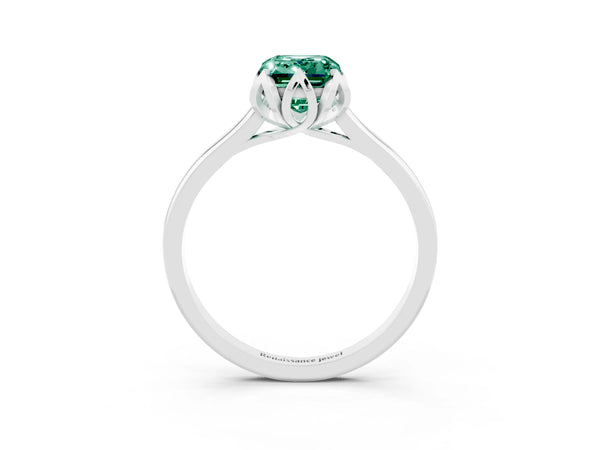 Silver Emerald Cut Green Sapphire Solitaire Ring with Flower Prong Setting and Classic Band