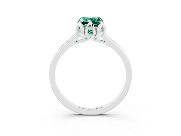 White gold Emerald Cut Green Sapphire Solitaire Ring with Flower Prong Setting and Classic Band