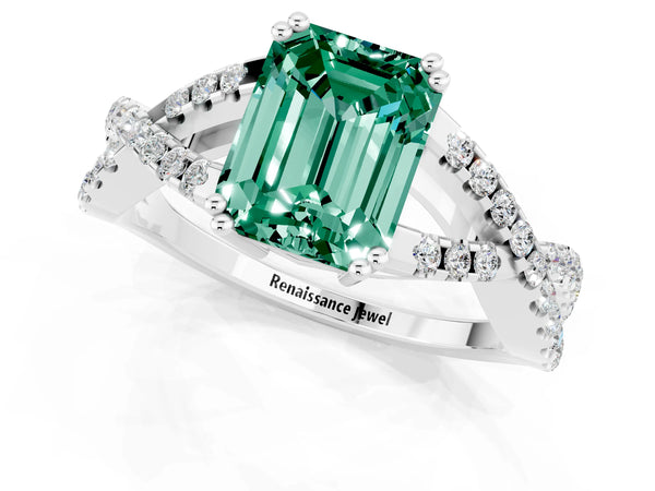 Platinum Emerald Cut Green Sapphire Solitaire Ring with Four-Prong Setting and Twisted Pavé Band
